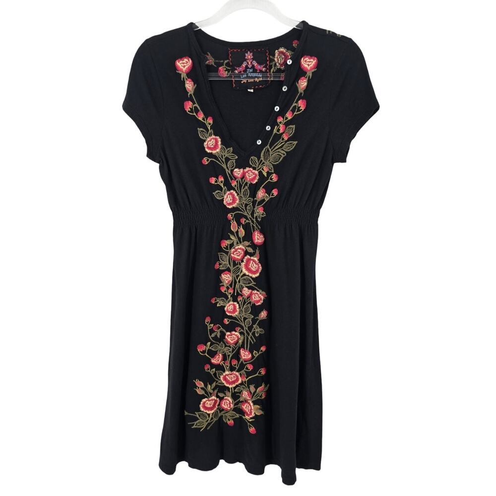 Johnny Was JWLA Rose Embroidered Cotton Jersey V Neck Dress Black Size S